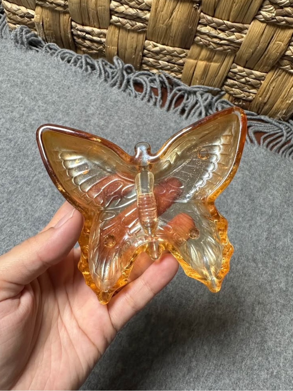 Amber Glass Butterfly Dish - Decorative Home Art trinket whimsical girly